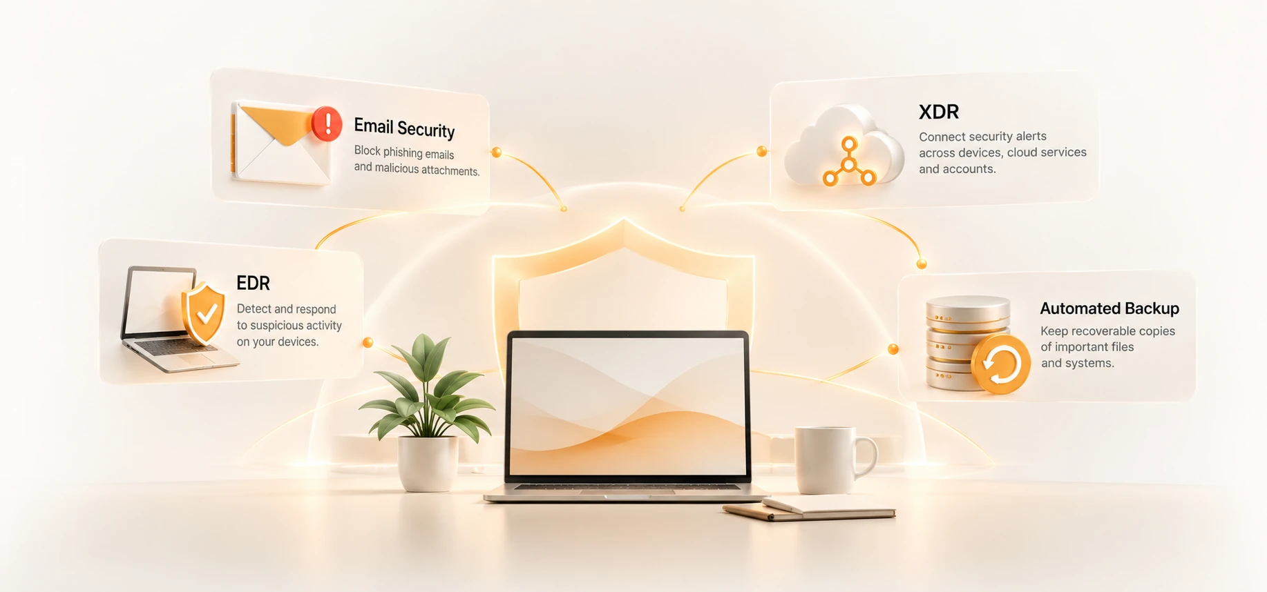 An office workstation connected to email protection, endpoint security, cloud security and backup